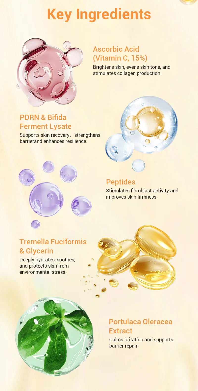 Illustration of key skincare ingredients including ascorbic acid, peptides, PDRN & bifida ferment lysate, tremella fuciformis, glycerin, and portulaca oleracea extract with descriptive benefits.